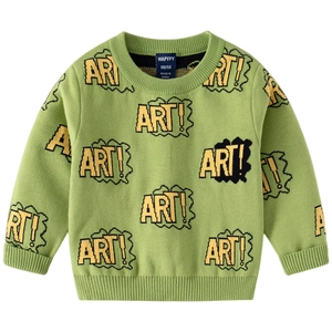 Kids green knit sweater with yellow 'ART!' letter pattern and ribbed cuffs shown on white