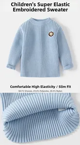 Detail of high-stretch blue ribbed sweater fabric with lion embroidery and material specs