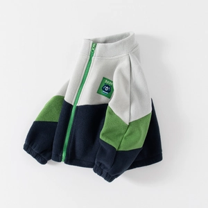 Kids warm polar fleece jacket with three-color patchwork and zip-up collar