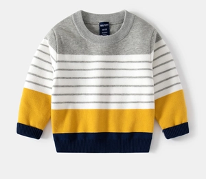 Detail of the crewneck sweater featuring striped knit texture and colorful block patterns