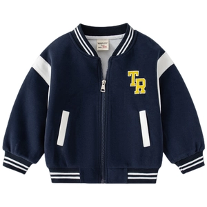 Giacca varsity per bambini blu navy con maniche bianche e ricamo TR stile collegio