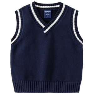 Gilet en maille bleu marine pour petit garçon avec col en V et rayures blanches