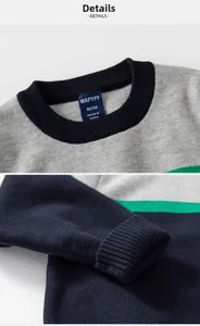 Detail view of the ribbed neckline and striped cuffs of this kids knit sweater