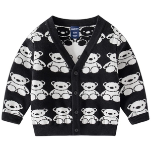 Classic black and white knit baby cardigan with cute bear jacquard patterns and V-neckline