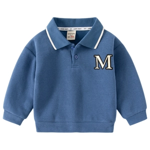 Children blue long sleeve polo sweatshirt with white letter M embroidery on white background
