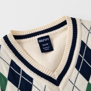 Gilet in maglia per bambini con scollo a V e classico motivo a rombi blu navy e verde