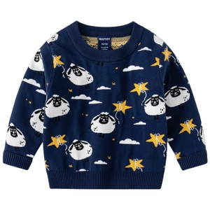 Navy blue kids knit sweater featuring cartoon sheep and yellow star jacquard patterns