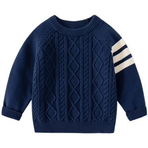 Classic navy blue cable knit sweater for boys with white stripes and ribbed cuffs