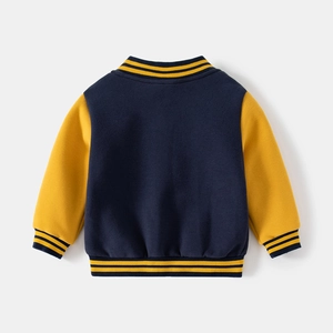 Kids navy and ginger baseball jacket with striped ribbing, fleece varsity coat back view