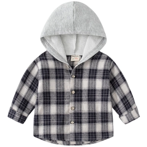 Classic plaid hooded shirt for boys with grey knit hood and flannel texture detail