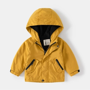Veste à capuche épaisse pour garçon jaune avec doublure polaire noire et poches zippées