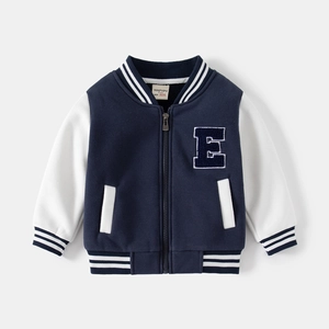 Boys Baseball Jacket Cotton Blend Contrast Color Letter Embroidery Padded Warm Zip Up Coat Sporty School Outerwear