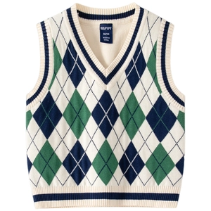 Gilet in maglia con scollo a V per bambini con motivo argyle e bordi a coste