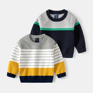 Boys Patchwork Striped Knit Sweater Autumn Winter Round Neck Long Sleeve Pullover Soft Warm Kids Casual Cotton Blend Top