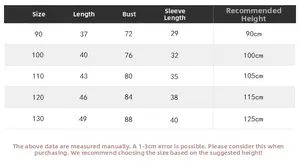 Detailed size chart for children's winter padded coat with length and height guides