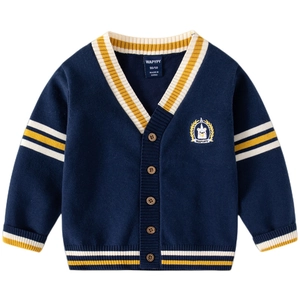 Dark blue V-neck knit cardigan for kids with unicorn embroidery and striped cuffs