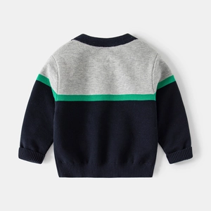 Boys tricolor striped knit sweater in grey green and navy blue with ribbed cuffs