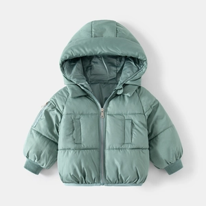 Winter padded hooded cotton jacket for boys with ribbed cuffs and sage green finish
