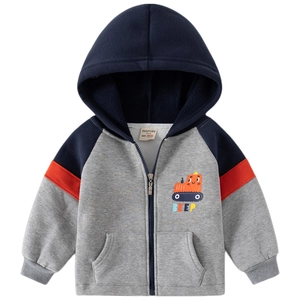 Veste à capuche enfant doublée polaire avec motif bulldozer et design tricolore