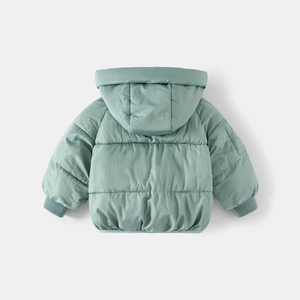 Winter padded sage green hooded jacket for boys with ribbed cuffs and quilted design