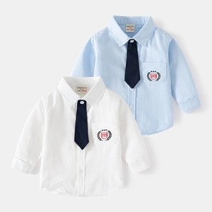 Boys Long Sleeve Cotton Shirt With Tie Embroidered Badge Preppy School Uniform Formal Korean Style Dress Shirt Top Kids