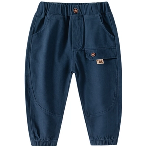 Classic navy cotton casual pants for boys with elastic waist and side letter patch