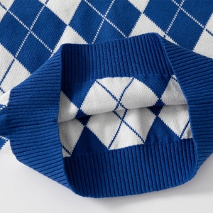 Classic blue and white argyle knit vest with ribbed hem detail for little boys