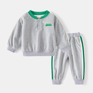 Toddler casual grey tracksuit with green stripes and cartoon crocodile embroidery