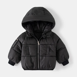 Detail of children's black hooded puffer jacket with silver zipper and ribbed cuffs