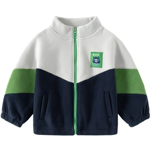 Kids color-block polar fleece jacket with bear patch and full zip closure