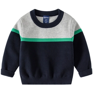 Kids navy, grey, and green striped knit sweater with ribbed cuffs on white background