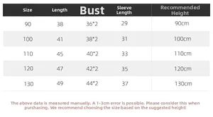 Size chart showing length and chest measurements for boys' long sleeve sweatshirts