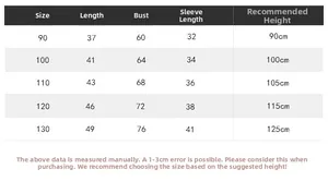 Detailed size guide table for boys' long sleeve shirts with length and bust measurements