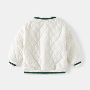 Quilted kids baseball jacket in cream with green striped ribbed collar and varsity style