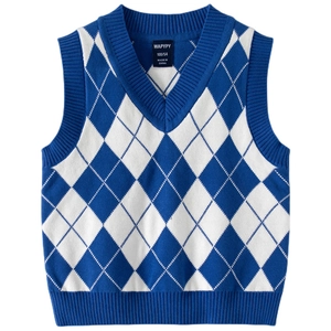 Classic kids blue and white argyle knit vest with V-neck and ribbed trim sweater
