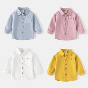 Boys Long Sleeve Cotton Shirt Casual Solid Color Button Down Top With Pocket For Toddlers Kids Spring Autumn Clothing