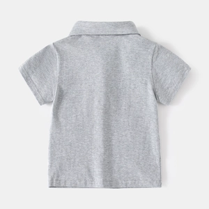 Rear view of a minimalist heather grey boys' short-sleeved polo shirt with fine texture