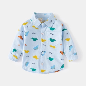 Chemise garçon bleu clair en coton à manches longues avec imprimés dinosaures colorés