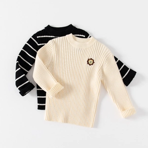 Kids long sleeve striped and solid knit sweaters with lion embroidery patch