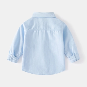 Rear view of classic light blue long-sleeved cotton shirt with clean yoke and seam detail