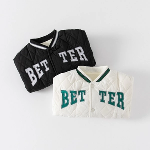 Kids quilted baseball jackets in black and white with letter embroidery and ribbed collar