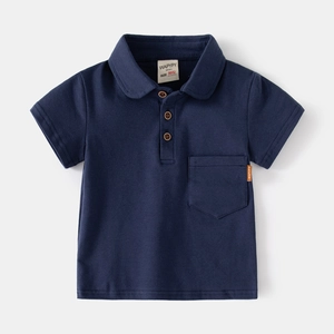Classic navy blue short-sleeved boys' polo shirt with front pocket and wood-textured buttons