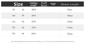 Size chart for boys dinosaur print polo shirt with measurements for length and chest size