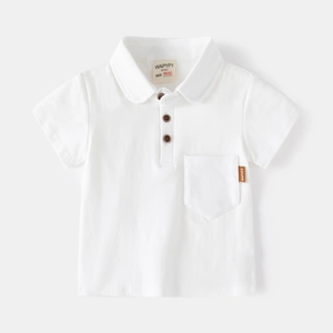 Classic white short-sleeved cotton Polo shirt for boys with stylish collar and chest pocket