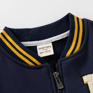 Kid boys navy baseball jacket with striped collar and embroidery detail