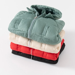 Vertical stack of hooded winter jackets in green, beige, red, and black with quilting