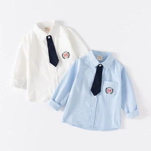 Boys long sleeve cotton shirts in white and light blue with navy ties and crown embroidery