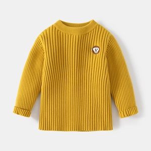 Kids ginger yellow knit sweater with ribbed texture and cute monkey patch embroidery