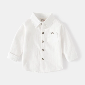 Toddler boy's long-sleeve white cotton linen shirt with front pocket and contrast buttons