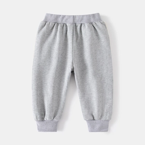 Detail of infant grey joggers showing cotton knit fabric texture and elastic waistband